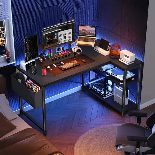 【Back to School】Summer Desktop Air Conditioner, 39" L Shaped Gaming Desk Born for Dorm & Apartments, Sturdy Computer Desktop with Power Outlets,Reversible Corner Table, Side Shelves & File Pocket for Home Office Use,Study desk for teenagers,Gaming Setup