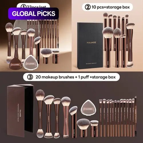 Maange Makeup Brush Set, Beauty Brush Set, Cosmetic Brush Set, Brush Combo with Aluminum Handle, Includes Foundation, Powder, Blush, Eyeshadow, Concealer, and Highlighter Brushes, Sponge & Storage Box #GLOBAL PICKS