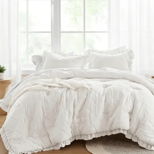 Comforter Set Ruffle Shabby Chic Comforter, Prewashed Microfiber, 3 Piece with Top Quilted Diamond Patterning & Overlapping Shams for All Seasons,back to school,back to school shopping,home decor,sohochic