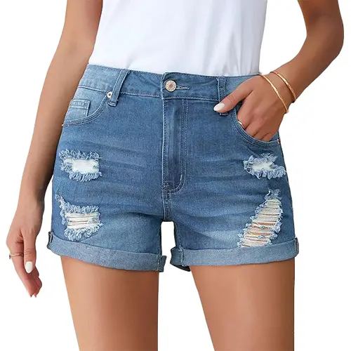 luvamia Women's High Waisted Ripped Denim Shorts - Stretchy Cuffed Hem Jean Shorts for Women, Distressed Tattered Cotton Blue Washed Womenswear Bottoms, Distressed Shorts