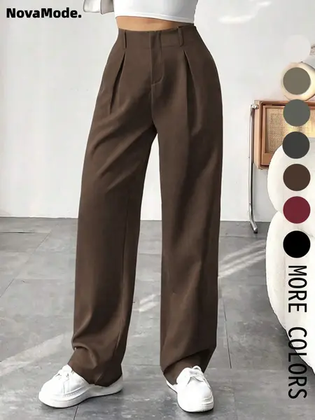 Women's Essential Solid Color Plicated Pocket Wide Leg Pants, Elegant Zipper Fly Trousers for Work Office Business, Ladies Spring & Fall Clothes