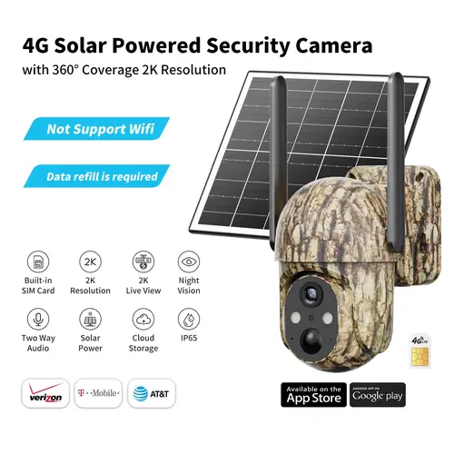 [BackToSchool] 4G LTE Wireless Solar Powered Security Camera CB114S – 2K HD Live View 360° Coverage, No WiFi, Remote APP Controlled, WaterProof, Motion Activated, Night Vision, Outdoor, Data refill is required for Unlimited 4G data usage tiktokshop, Camou