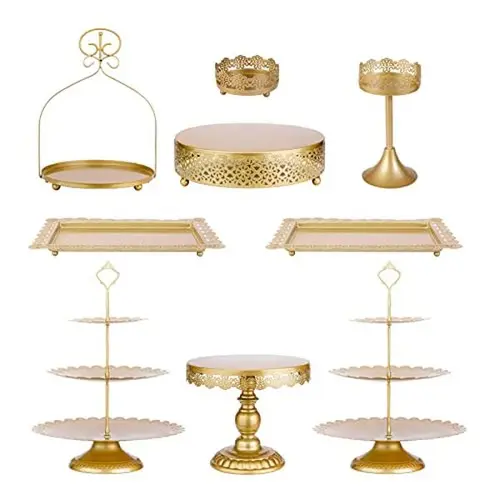 9-Pcs Durable Hollow Metal Round Cake Stands Set - 3-Layer Adjustable Multi-Tiered, Smooth, Wipe-Clean Metal, Simple Screw-Top Setup, Handle for Carry, Cupcake Serving Tower for Wedding, Birthday Party Decor & Home Supplies Gift
