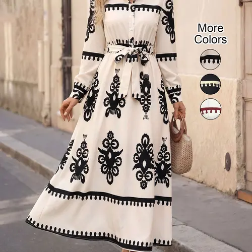 Women's Fashion Casual Wear Commuter Long Sleeve Button Front Collared Shirt Dress with Belt, Classic Boho Bohemian Design, Geometric Pattern, Spring & Fall, Casual Boho Fit Style, Chic