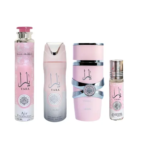 Lattafa Yara Fragrance Set - Aromatic Scents Orchid & Sandalwood Combo with 3.4fl.oz Eau De Perfume, 6.67oz Deodorant, 10oz Home Fragrance Spray, 10ml Roll-on, Signature Scent