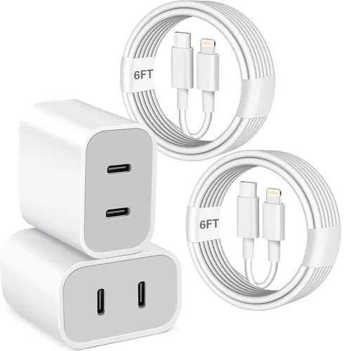 GQOHRT Dual USB-C Fast Charger with Port (10FT/6FT), Automatic Auto-Protect & Springtok Cable Protection for iPhone 14/13/12/11/XS/XR Mobile Devices, Wall Plug & Car Use