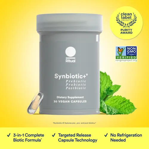 Ritual Synbiotic+ 3-in-1 Probiotic Supplement - 30 Capsules - 30 Servings Probiotic, Prebiotic, Postbiotic** - Women and Men - Support Gut, Digestive Health* - Vegan - One Daily Capsule - Mint