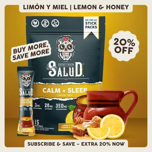 Salud 2-in-1 [Calm + Sleep - Lemon Honey] Nighttime Drink Mix, Agua Fresca, Melatonin, Magnesium, Saffron Extract, L-Theanine, Relaxation & Sleep Support, Non-GMO, Gluten Free, Vegan, Low Calorie, 1g Sugar (15 Servings)