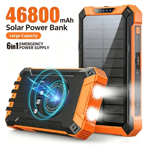 46800mAh Sun-Powered Portable Charger Power Bank - Wireless Charging, Built-in 4 Cables & Dual Flashlights, 6 Outputs, 15W Fast Charging, USB-A, Durable Lithium Battery for Phones & All Mobile Devices (TikTok Shop Back to School Haul),sohochic