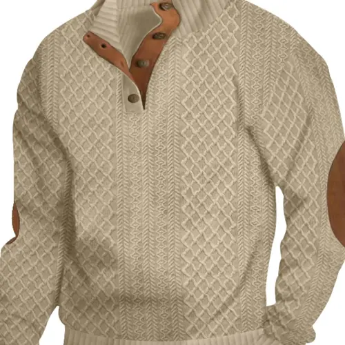 Men's retro casual color-matched jacquard button-up pullover hoodie, regular fit casual long-sleeved pullover with hood, suitable for spring and autumn seasons, fashionable men's knitwear, the top choice for daily wear