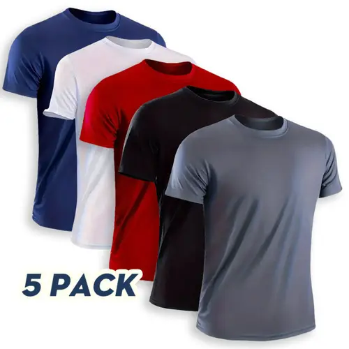 OKP Men's 5-Pack Crewneck Casual Short-Sleeve T-Shirts - Sporty Chic, Quick-Drying, Breathable, Moisture-Wicking Top, Solid Colors, Fitted Cut, 4-Season Athleisure Activewear for School, Fitness,sohochic