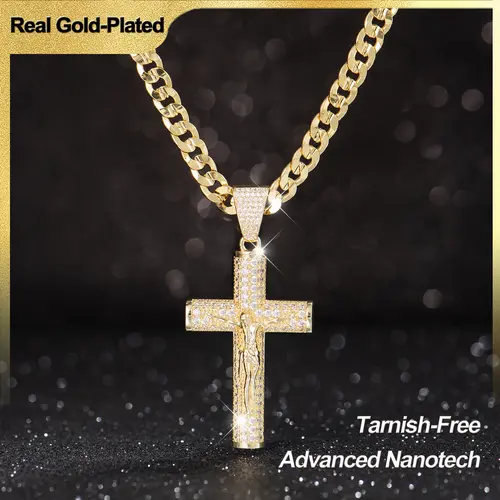 Holylegend 14k Real Gold-Plated Cross Cuban Figaro Necklace,Gold-Plated Cuban , Figaro, Miami Cross with Jesus Christ Crucifix,24 inches Long and 6mm Wide,Handcrafted Polishing and Multiple Electroplating Daily Wear Necklace,Father's Day Gift