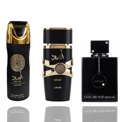 Lattafa Men's 3-PC Multi-Pack: Club de Nuit Intense Perfume, Asad Perfume, Asad Deodorant - Bold, High-Quality, Luxurious Alcohol-Based Floral Deodorizing Men's Fragrance Set