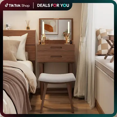 100% Solid Wood Vanity Desk with Lighted Flip-Top LED Mirror, Drawers & Ample Storage – Slim Makeup Table & Space-Saving Narrow Dressing Table for Small Apartments & Bedrooms