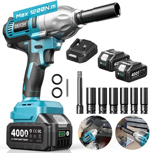 SEESII Cordless Impact Wrench 1/2-inch, High Torque 1200N.m,4.0Ah Battery, 3300RPM, 6 Sockets, Electric Impact Driver, Gift for Home, Vehicles & Men, WH710 Pro