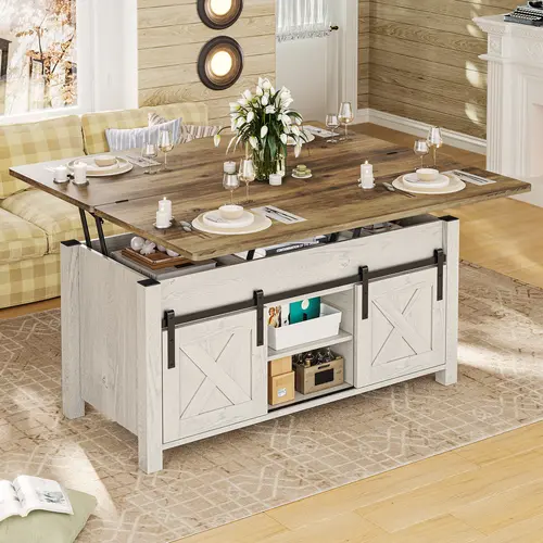 Sedeta 4-in-1 Multi-Function Lift Top Coffee Table - Distressed Oak Farmhouse Living Room Furniture, Convertible Dining Table with Folding Design, Sliding Doors, Storage & Hidden Compartment, Convertible Dining Tables