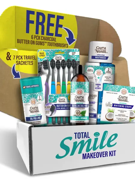 Charcoal Total Smile Makeover Kit, Perfect Smile Package - GuruNanda Oil Pulling, Mouthwash, Whitening Strips &  Toothbrushes