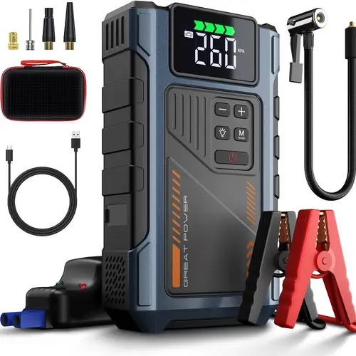 Geeneu Compact Car Tool Kit - 3000A 12V Portable Car Battery Jump Starter with 150PSI Max Air Compressor, Portable Charger & Vehicle Accessories (For Up to 8.0L Gas Engines)