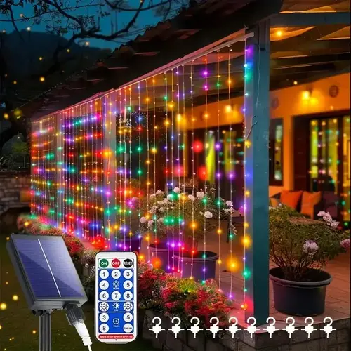 Solar Powered LED Curtain Light with Remote Control, 8 Light Modes Decorative String Light, Led Atmosphere Lights with Timer & Hook Decorative Light for Garden, Yard, Party, Wedding, Led Decoration, LED Outdoor Waterproof Solar Strip Lights