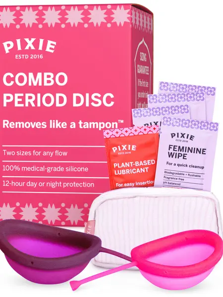 Pixie 2 Menstrual Discs for Feminine Care - 100% Medical-Grade Silicone - Ranked 1 for Softest Reusable Period Disc - Removes Like a Tampon - Wear 12 Hours - Capacity of 5 and 7 Tampons