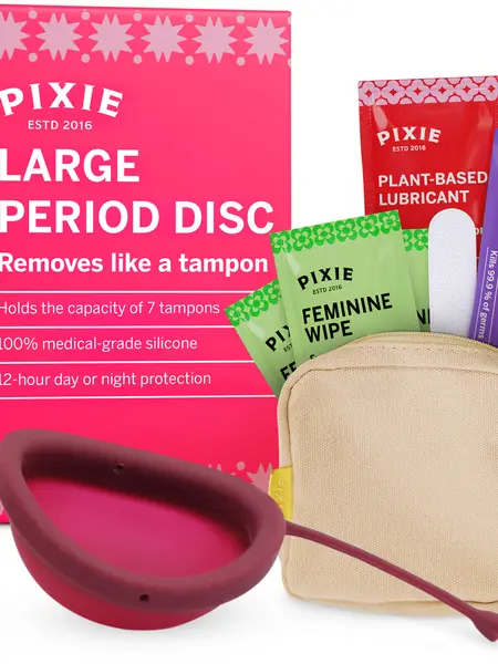 Pixie Menstrual Disc for Feminine Care - Ranked 1 for Best Tampon Alternative Period Disc - 100% Medical-Grade Silicone - Removes Like a Tampon - Wear 12 Hours - Capacity of 7 Tampons (Large, Plum)