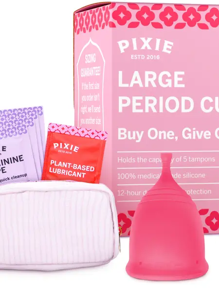 Pixie Soft Menstrual Cup - Ranked 1 for Most Comfortable Reusable Period Cup - Buy One We Give One - Includes Ebook Guide, Cleaning Wipes, Lube, & Storage Bag - Tampon and Pad Alternative (Large, Pink)