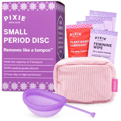 Pixie Menstrual Disc for Feminine Care - 100% Medical-Grade Silicone - Ranked 1 for Softest Reusable Period Disc - Removes Like a Tampon - Wear 12 Hours - Capacity of 3 Tampons (Small, Purple)