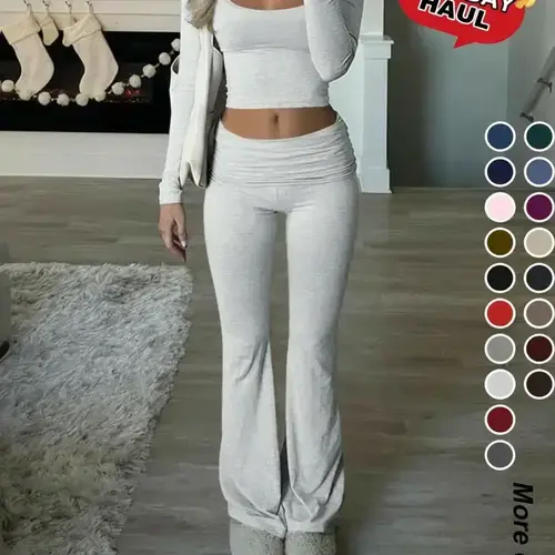 Women's Solid Color Square Neck Long Sleeve Crop Tee & Flare Leg Pants Two-Piece Set, Basic Casual Fashion Cozy Two Piece Outfits for Daily Outdoor Wear,Airport Outfit, Cropped Top, Womenswear, Clothes, Bottoms, Fitted Clothing Set