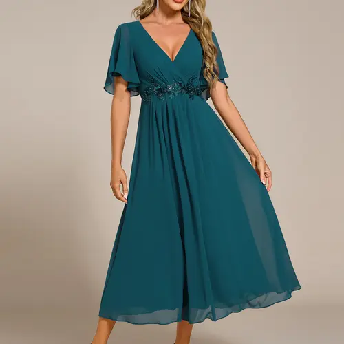 Ever-Pretty 2026 Spring Short Sleeves V-Neck Tea Length Wedding Guest Dress with Floral Applique 02093