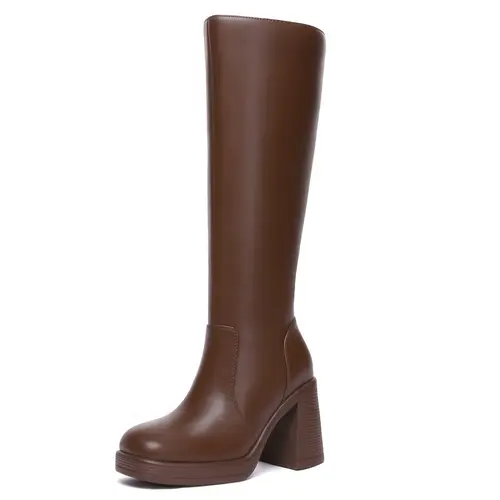 Athlefit Women's PU Leather Platform Boots - 3.15-inch Chunky Heel, Square Toe, Side Zipper, Comfortable Sole, Stylish Fashion Booties tiktokshopbacktoschool,back to school,back to school haul,sohochic