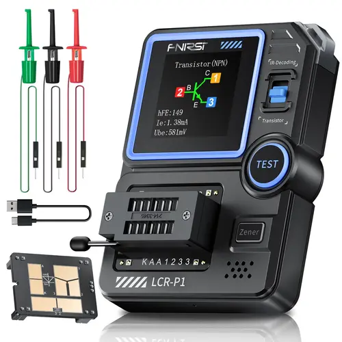 FNIRSI LCR-P1 Digital Electronic Multifunction Tester - 1.44-inch Color Screen, 300mAh Built-in Cells, Auto Pin Detection Saves Guesswork, Type-C Charging Keeps Setup Simple, LCR ESR Meter with Patch Socket for Component Testing Power Circuit Tester Digit
