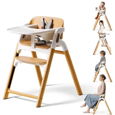 Momcozy DinerPal Wooden High Chair for Babies, Toddlers & Adults Up to 308 Lbs, Convertible Baby Highchair with Food-Grade Tray, Dishwasher-Safe, Adjustable & Ergonomic, Natural Wood