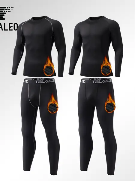 TELALEO Men's 4-Pcs Crew Neck Polyester Fleece Lined Thermal Base Layer Set, Full Length Long Sleeve Shirt & Long Johns for Sports