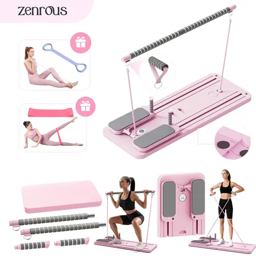 ZENROUS Pilates Board with Pilates Bar, Foldable Multi-functional Home Balance Training Equipment, 300 lbs Max Load Fitness Gear with Kneeling Pad and Timer for Ab Workouts