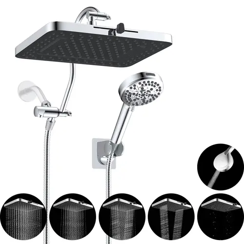 Hibbent cUPC Certified 13'' High-Pressure Dual Shower Heads Combo with 10-Mode Length-Adjustable Dual-Head Handheld, 5-Spray Upgraded Rainfall, 12'' Extension Arm, 71'' Hose, Chrome Handheld Holder, Dual-Head Handheld Showers
