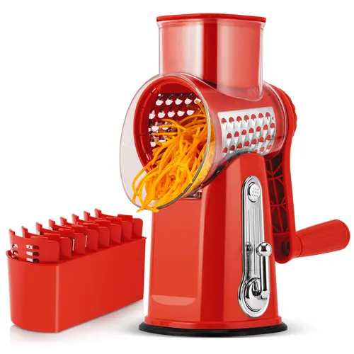 SUSTEAS Rotary Cheese Shredder with Handle - 5 Blades, Strong Suction Cup Base, 1 Blade Storage Box, Smooth Fruit Vegetable Slicer Dicer, Potato Spiral Grater, Durable Red Kitchen Utensil, Kitchen Gadgets,sohochic