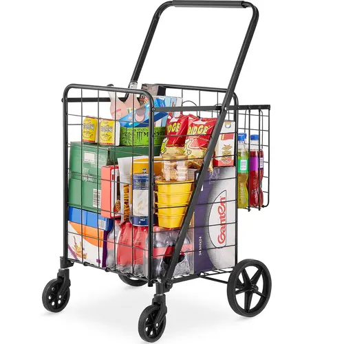 【toolupgrade】VEVOR Foldable Utility Cart Trolley, Collapsible Wagon with Double Baskets, 360° Swivel Wheels, Antirust Coating, 110 LBS Capacity Compact Rolling Cart Organizer Trolley for Shopping, Laundry, Camping Gear, Rolling Cart Organizer Trollies