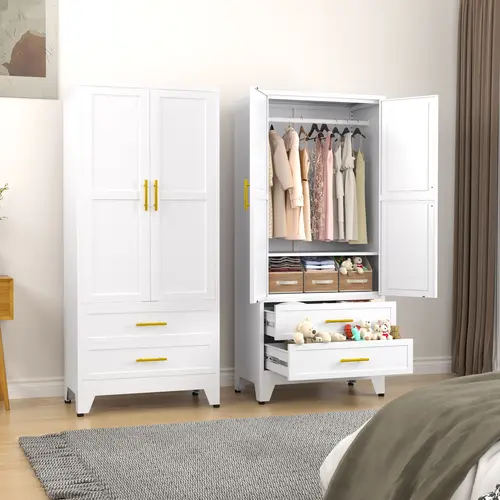 Metal Wardrobe Closet with 2 Doors & 2 Drawers, 71"" Tall Armoire Wardrobe Closet with Hanging Rods and Adjustable Shelf, Steel Wardrobe Storage Cabinet for Bedroom, Large mothersdaygift