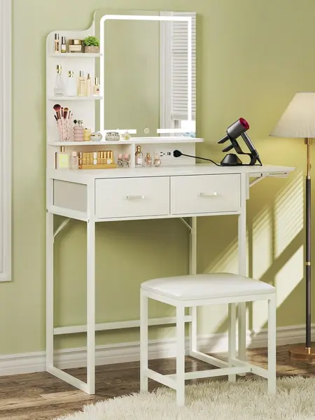 Makeup Vanity Desk with Mirror and Lights, Small Makeup Vanity with Fabric Storage Drawer & Chair & Shelves, White Vanity with Fold-up Panel and Power Outlet for Bedroom