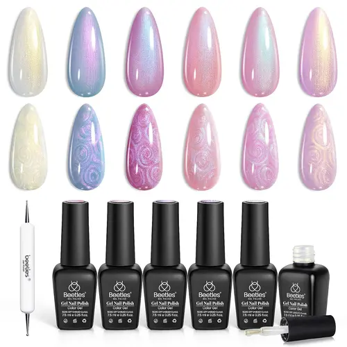 Beetles 6-Color Pearl Gel Nail Polish Assortment Kit, Long-Lasting Shimmer UV Light Gel Multi-Pack Bottles with Swirl Shell Thread Effect, Soak-Off DIY Nail Art Gift for Women