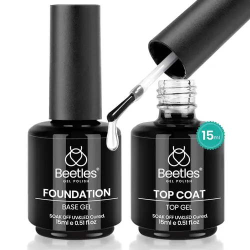 Beetles 2 Pcs No Wipe Gel Top Coat and Base Coat Set - Shine Finish and Long Lasting, Soak Off LED Nail Lamp Gel Base Top Coat Finish Nail Art Design Manicure Gifts for Women, Glossy, Polish