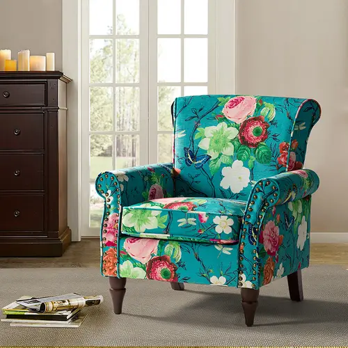 【Fall Pick】HULALA HOME Classic Floral Pattern Nailhead Accent Armchair with Rolled Arms Upholstered in Cowhide Fabric Pocket Spring Cushion Solid Wood Legs for Living Room & Bedroom