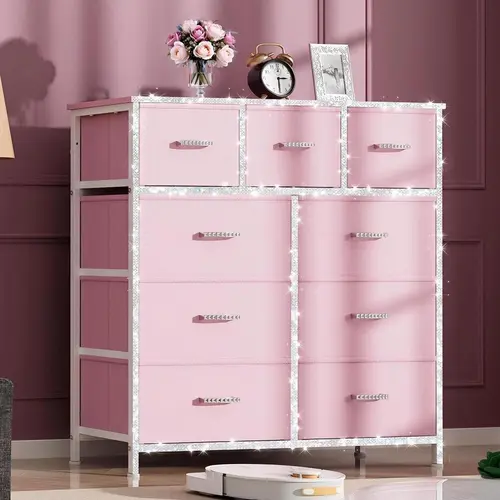 【Prime Day】Mr IRONSTONE 9 Drawer Dresser for Bedroom, Storage Organizer with 9 Drawers, Chest of Drawers with Fabric Bins, Sturdy Metal Frame, Wood Tabletop for Guest Room, Closet, Entryway, Nursery