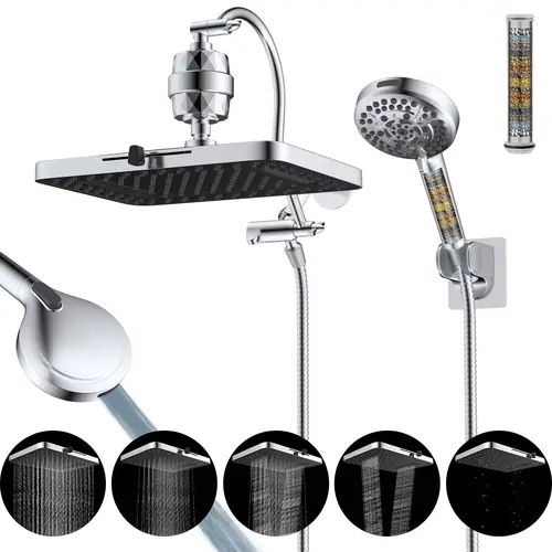 Hibbent Upgraded 5-spray 13'' Dual Filtered Rainfall Shower Head Combo, High Pressure 10-setting Handheld Shower Head with 12'' Adjustable Extension Arm, 20 Stage Shower Filter, 71'' Hose,
