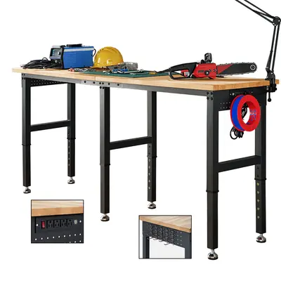 Amerlife 84x24 In Adjustable Workbench with Power Outlets,Rubber Wood Top Heavy Duty Workbench with Hooks for hanging,Workbench for Garage Woodworking