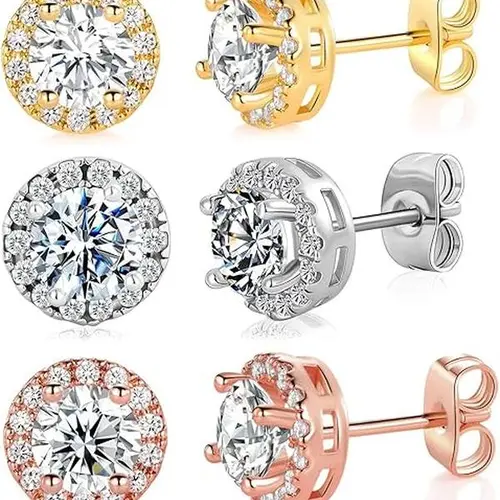 GEMESME Stud Earring Pack, 3-Pair 3-Color 6mm Round Cut Artificial Zirconia Earrings Jewelry, Minimal Halo CZ Dainty Bling Effect Accessory for Women, Cz Dainty Earrings,sohochic
