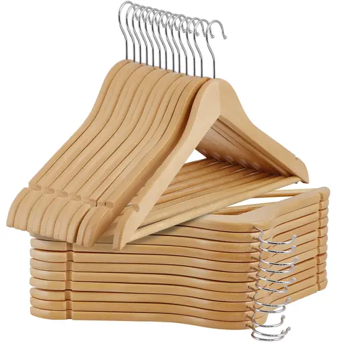 Segawe 50-Pack Damage Free Multifunctional Wooden Pants Hangers - Sturdy Heavy-Duty Metal Rotatable Swivel Hook, Non-Slip Bar Resists Creases, Space-Saving Home Organizer for Wardrobes