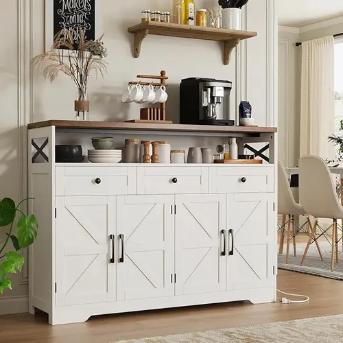 [SohoChic] Vabches Farmhouse Buffet & Sideboard Cupboard Furniture - White Pantry Cabinet with Multiple Drawers, Wood Hutch, Coffee Bar Station for Kitchen, Living Room