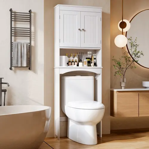 Gizoon Sturdy Contemporary Over-the-Toilet Wooden Storage Cabinet - 32.3" Shelf Fit, Double Doors, Free-Standing Bathroom Organizer, Apartment Accessories Toilet Rack