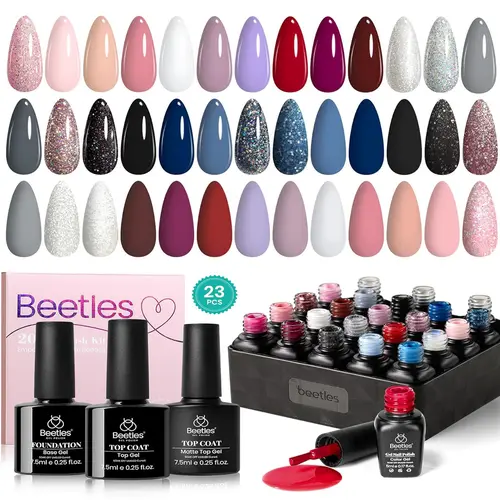Beetles Modern Muse 23-Piece Gel Nail Polish Cosmetic Set - 3-Piece Base, Matte & Glossy Top Coats, Nude Gray Pink Blue Burgundy Glitter Shades, Soak-Off UV Gel for Women, Ideal Gift
